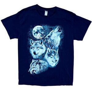 Three Wolves & The Moon Navy Blue & White Graphic T-Shirt, Men's Medium